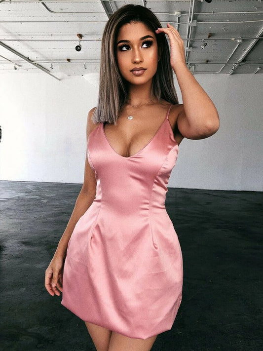 A-Line/Princess Silk like Satin Ruched V-neck Sleeveless Short/Mini Prom Dress