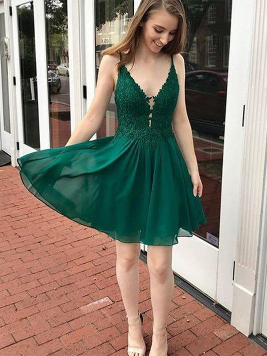 A-Line/Princess Chiffon Applique V-neck Sleeveless Short/Mini Prom Dress
