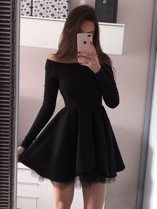 A-Line/Princess Stretch Crepe Ruched Off-the-Shoulder Long Sleeves Short/Mini Prom Dress