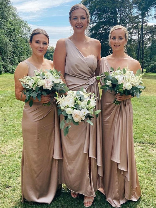 Sheath/Column Silk like Satin Ruched One-Shoulder Sleeveless Floor-Length Bridesmaid Dresses