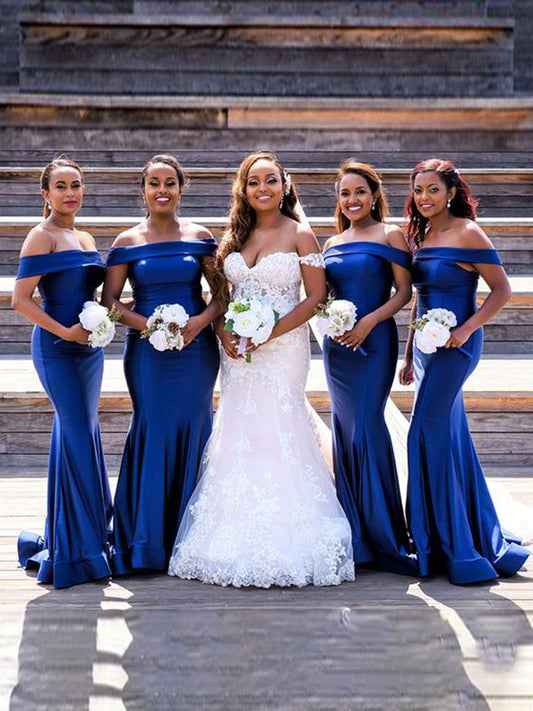 Sheath/Column Elastic Woven Satin Ruched Off-The-Shoulder Sleeveless Sweep/Brush Train Bridesmaid Dresses