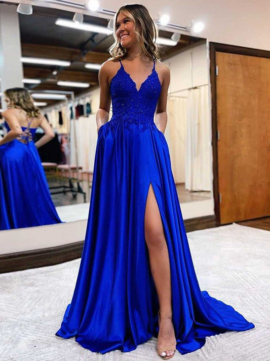 A-Line/Princess Elastic Woven Satin Applique V-neck Sleeveless Sweep/Brush Train Prom Dress