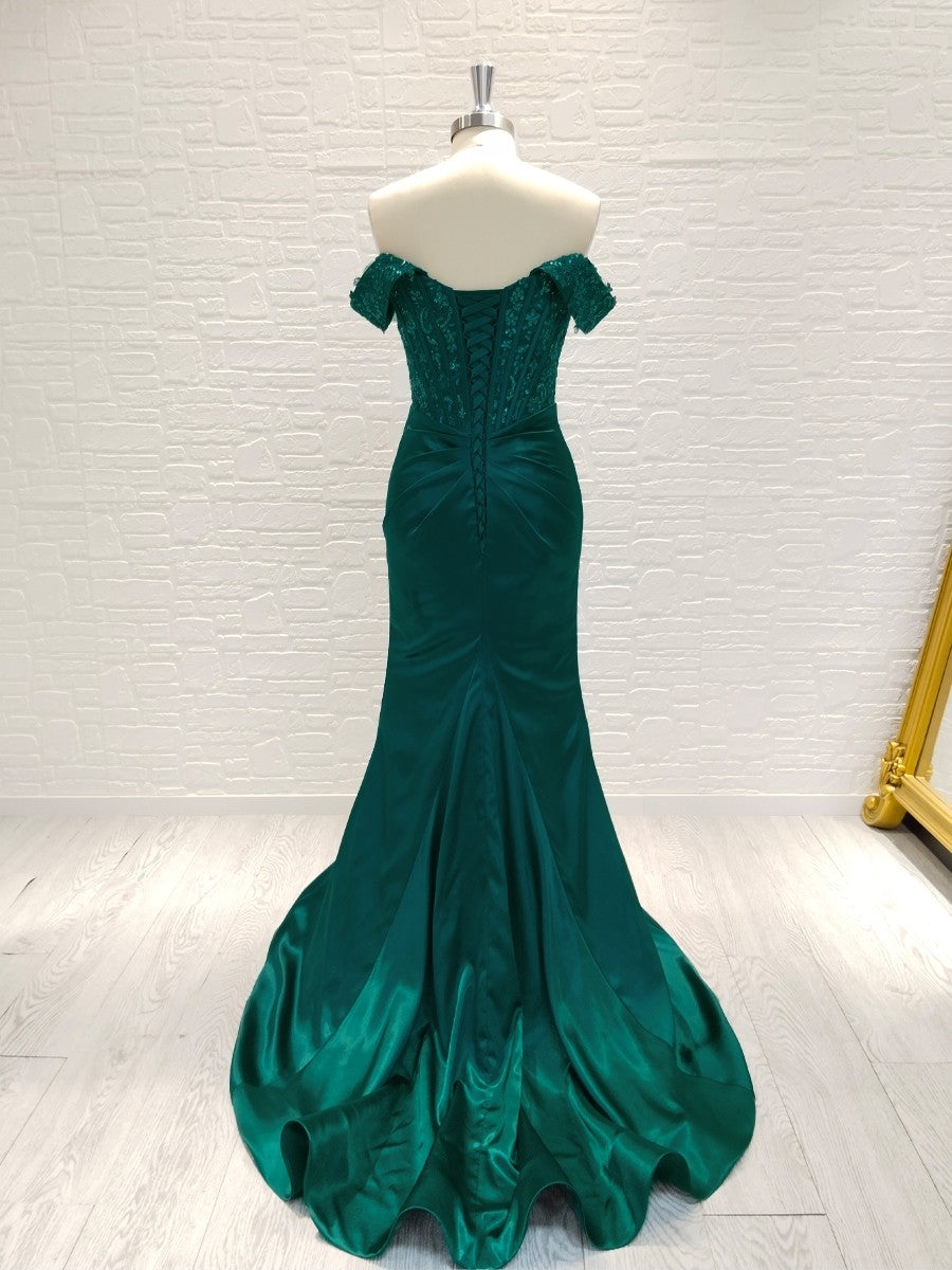 Sheath/Column Elastic Woven Satin Ruched Off-the-Shoulder Sleeveless Sweep/Brush Train Corset Prom Dress