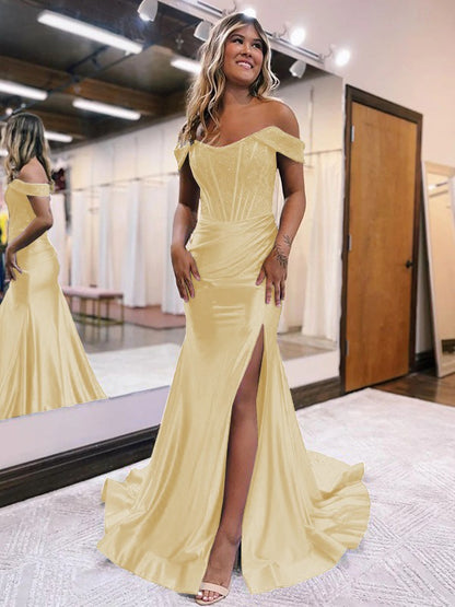 Sheath/Column Elastic Woven Satin Ruched Off-the-Shoulder Sleeveless Sweep/Brush Train Corset Prom Dress
