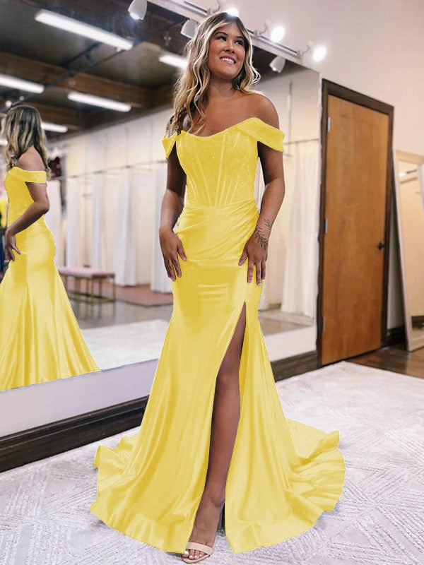 Sheath/Column Elastic Woven Satin Ruched Off-the-Shoulder Sleeveless Sweep/Brush Train Corset Prom Dress