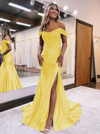 Sheath/Column Elastic Woven Satin Ruched Off-the-Shoulder Sleeveless Sweep/Brush Train Corset Prom Dress