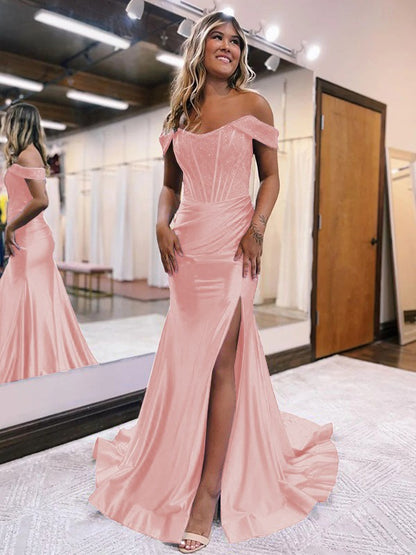 Sheath/Column Elastic Woven Satin Ruched Off-the-Shoulder Sleeveless Sweep/Brush Train Corset Prom Dress