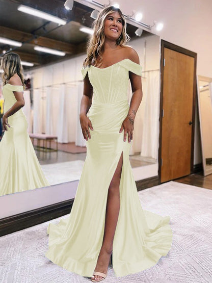 Sheath/Column Elastic Woven Satin Ruched Off-the-Shoulder Sleeveless Sweep/Brush Train Corset Prom Dress