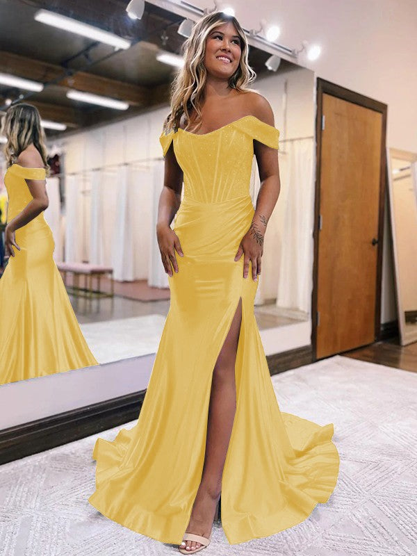 Sheath/Column Elastic Woven Satin Ruched Off-the-Shoulder Sleeveless Sweep/Brush Train Corset Prom Dress