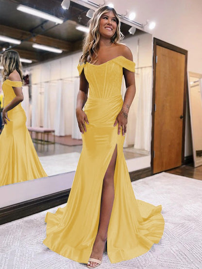 Sheath/Column Elastic Woven Satin Ruched Off-the-Shoulder Sleeveless Sweep/Brush Train Corset Prom Dress