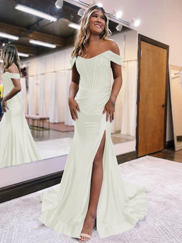 Sheath/Column Elastic Woven Satin Ruched Off-the-Shoulder Sleeveless Sweep/Brush Train Corset Prom Dress