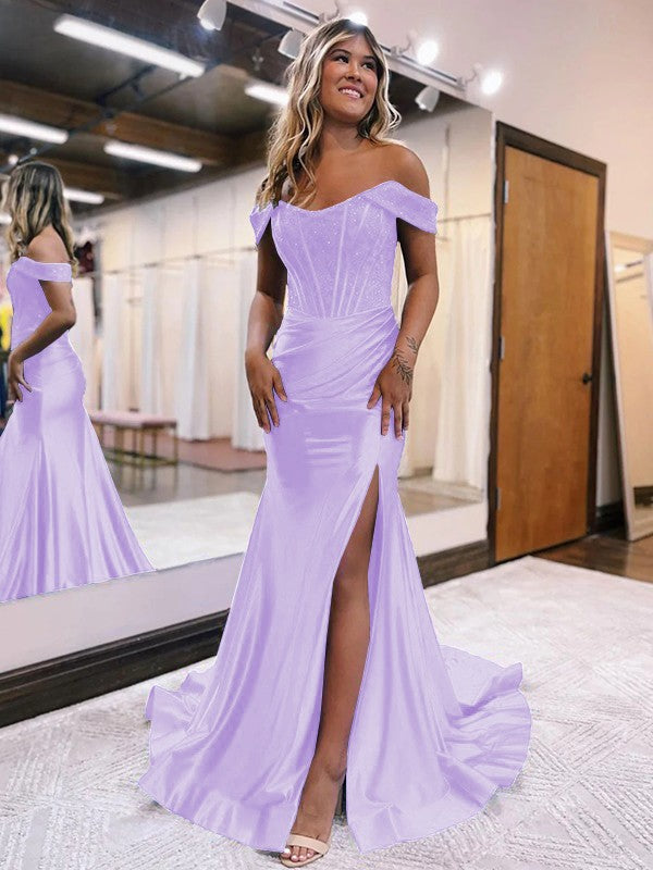 Sheath/Column Elastic Woven Satin Ruched Off-the-Shoulder Sleeveless Sweep/Brush Train Corset Prom Dress