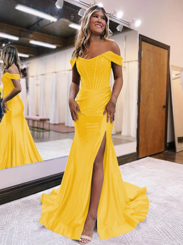 Sheath/Column Elastic Woven Satin Ruched Off-the-Shoulder Sleeveless Sweep/Brush Train Corset Prom Dress