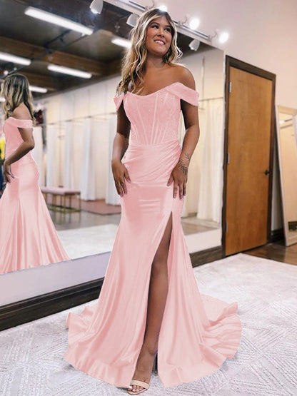 Sheath/Column Elastic Woven Satin Ruched Off-the-Shoulder Sleeveless Sweep/Brush Train Corset Prom Dress