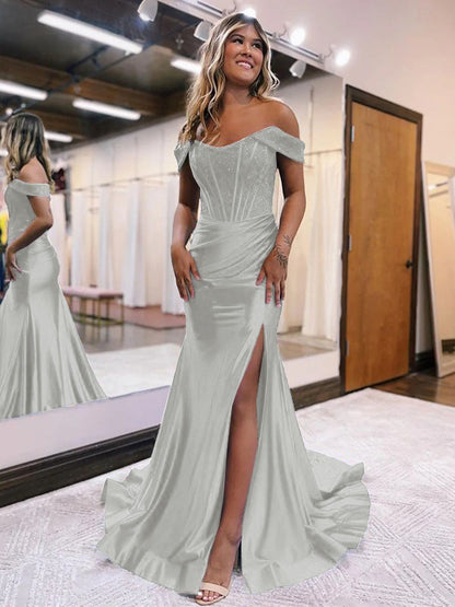 Sheath/Column Elastic Woven Satin Ruched Off-the-Shoulder Sleeveless Sweep/Brush Train Corset Prom Dress