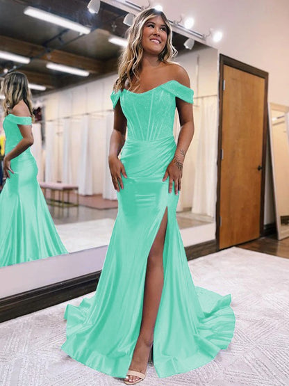 Sheath/Column Elastic Woven Satin Ruched Off-the-Shoulder Sleeveless Sweep/Brush Train Corset Prom Dress
