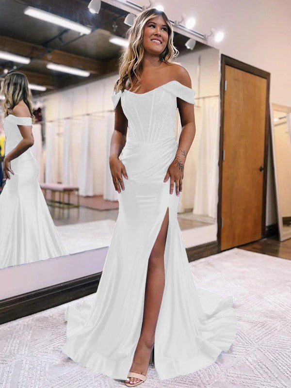 Sheath/Column Elastic Woven Satin Ruched Off-the-Shoulder Sleeveless Sweep/Brush Train Corset Prom Dress