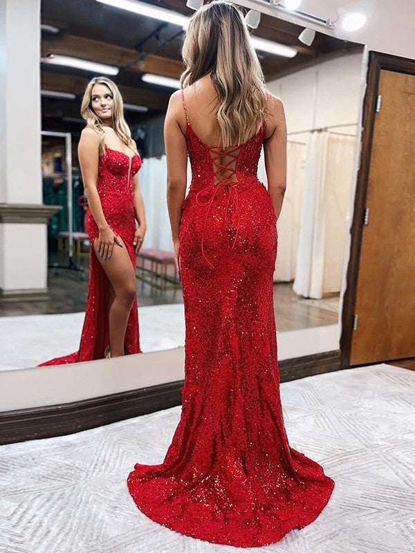 Sheath/Column Sequins Spaghetti Straps Sleeveless Sweep/Brush Train Corset Prom Dress