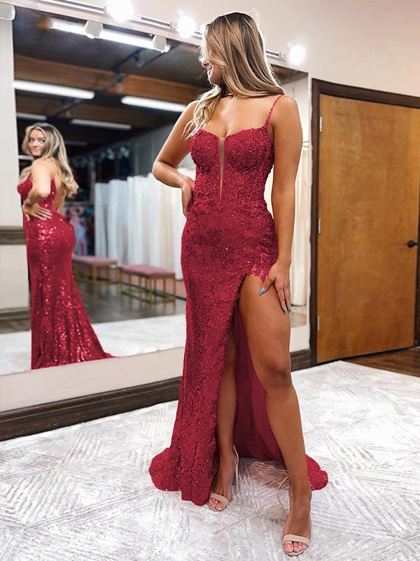 Sheath/Column Sequins Spaghetti Straps Sleeveless Sweep/Brush Train Corset Prom Dress