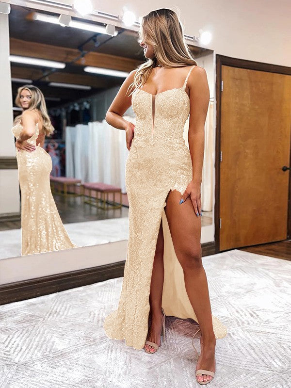 Sheath/Column Sequins Spaghetti Straps Sleeveless Sweep/Brush Train Corset Prom Dress