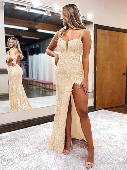 Sheath/Column Sequins Spaghetti Straps Sleeveless Sweep/Brush Train Corset Prom Dress