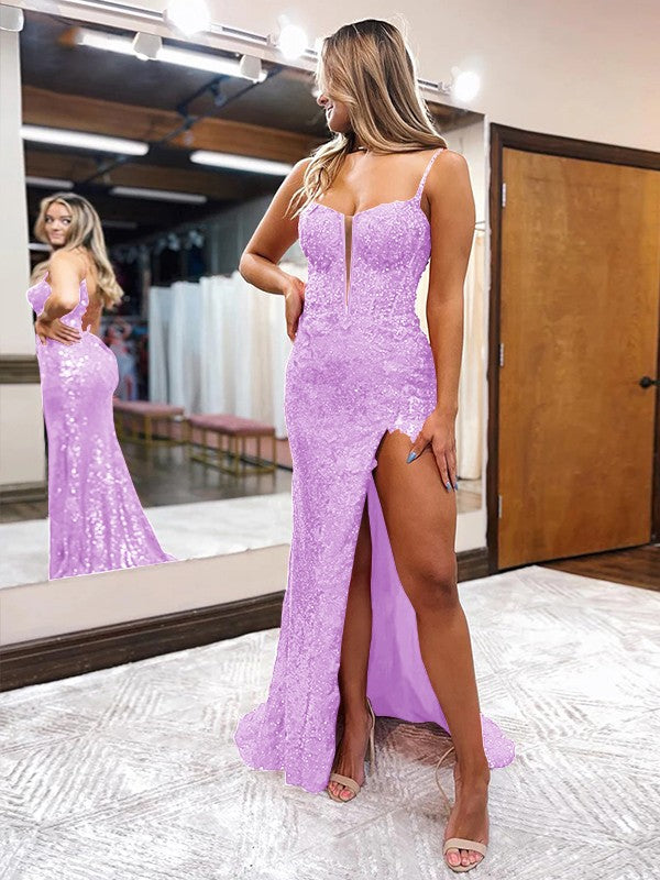 Sheath/Column Sequins Spaghetti Straps Sleeveless Sweep/Brush Train Corset Prom Dress