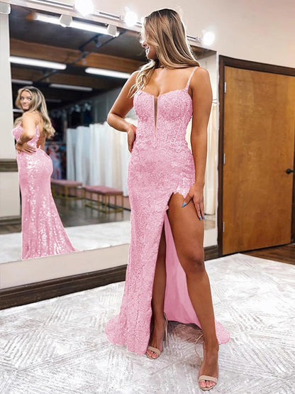 Sheath/Column Sequins Spaghetti Straps Sleeveless Sweep/Brush Train Corset Prom Dress