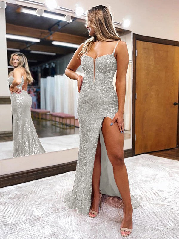 Sheath/Column Sequins Spaghetti Straps Sleeveless Sweep/Brush Train Corset Prom Dress
