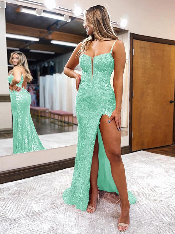 Sheath/Column Sequins Spaghetti Straps Sleeveless Sweep/Brush Train Corset Prom Dress