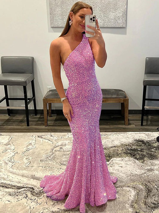 Sheath/Column Velvet Sequins Ruffles One-Shoulder Sleeveless Sweep/Brush Train Prom Dress