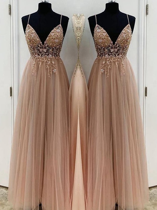 A-Line/Princess Beading Tulle Spaghetti Straps Sleeveless Floor-Length Prom Dress