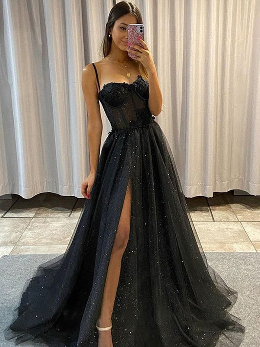 A-Line/Princess Ruffles Spaghetti Straps Sleeveless Sweep/Brush Train Corset Prom Dress